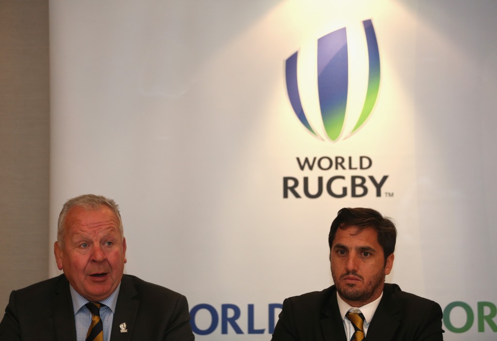 DUBLIN, IRELAND - MAY 11: (L-R) Bill Beaumont (new Chairman of World Rugby) and Agustin Pichot (new Vice-Chairman of World Rugby) address the assembld gathering during a media conference to introduce the new World Rugby Chairman and Vice-Chairman on May 11, 2016 in Dublin, Ireland. (Photo by Andrew Redington/Getty Images)